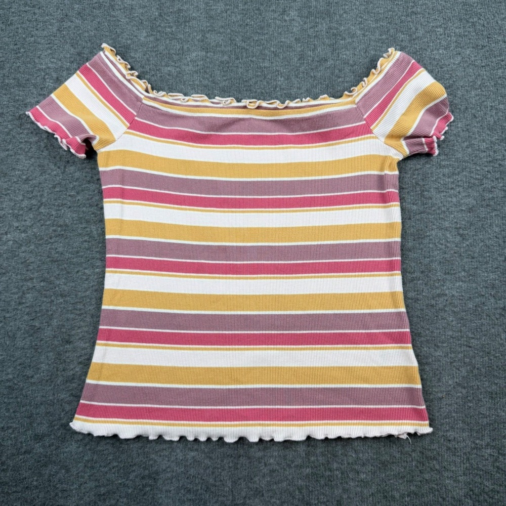 Aeropostale Off Shoulder Top Women's Medium Multicolor Striped Lettuce Edge